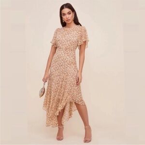 Astr Floral High-Low Midi Dress in Beige and White